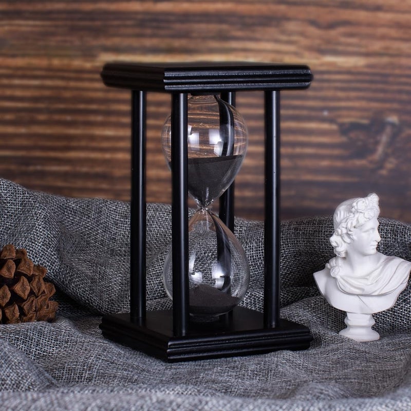 Hourglass Timer with Black Sand 15 Minute Wooden Frame Sand Timer Creative Handcraft Decoration