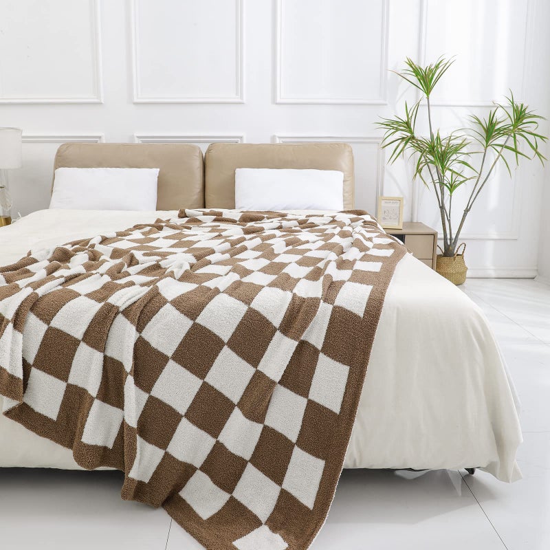 bearberry bearberry Fuzzy Checkerboard Grid Throw Blanket Soft Cozy Warm Microfiber All Season Blanket Decor for Couch Sofa Bed Travel Home (Mocha  50''x60'')  - Image 2