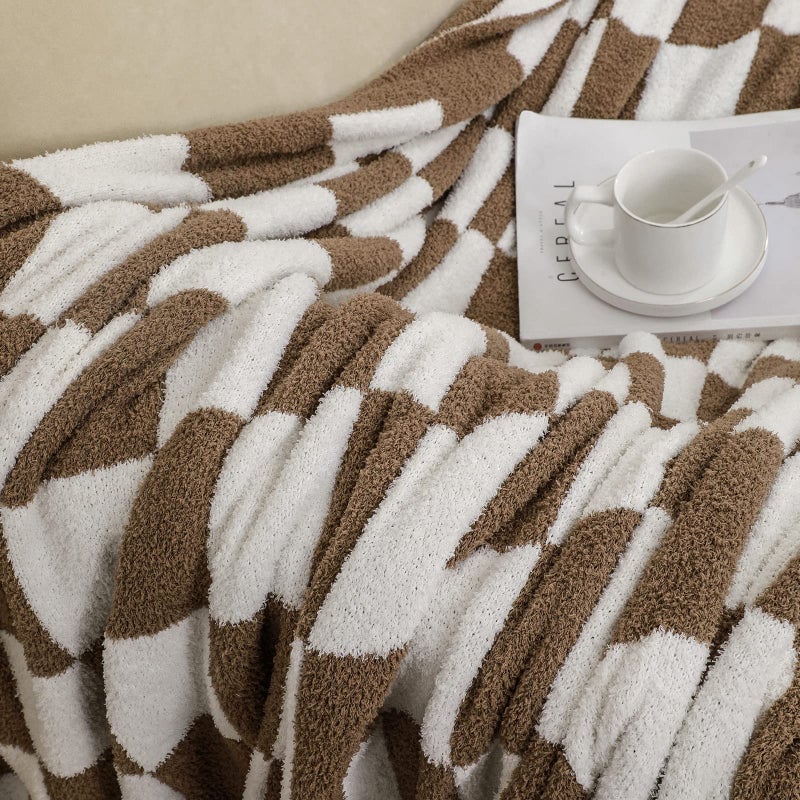 bearberry bearberry Fuzzy Checkerboard Grid Throw Blanket Soft Cozy Warm Microfiber All Season Blanket Decor for Couch Sofa Bed Travel Home (Mocha  50''x60'')  - Image 5