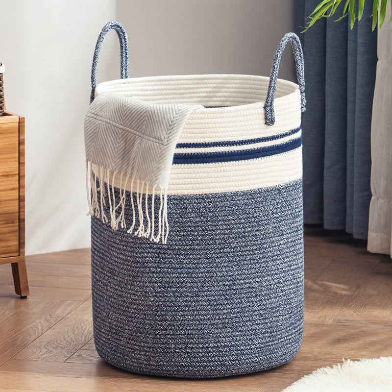 YOUDENOVA Woven Rope Laundry Hamper Basket, 72L Tall Laundry Basket, Baby Nursery Hamper for Blanket Storage in Bedroom-Large-Blue - Image 1