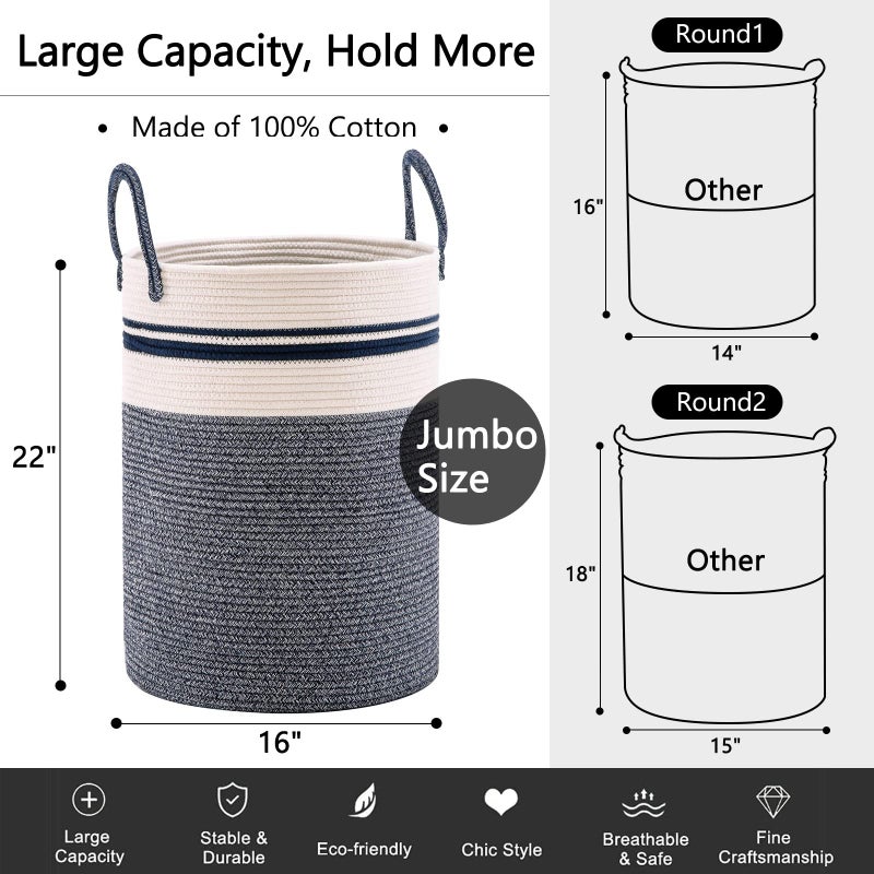 YOUDENOVA Woven Rope Laundry Hamper Basket, 72L Tall Laundry Basket, Baby Nursery Hamper for Blanket Storage in Bedroom-Large-Blue - Image 3