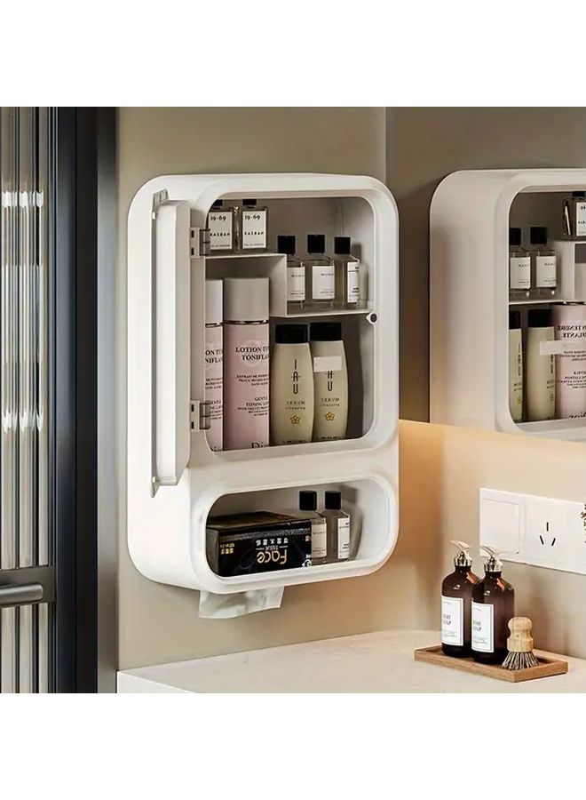 Wall Mounted White Storage Cabinet With Clear Doors Multi Tier Shelves Waterproof Moisture Resistant Plastic Construction Space Saving Vertical Organizer For Bathroom Kitchen Shower No Drill Adhesive Installation Includes Mounting Hardware Small Spaces Durable Sleek Design Organizing Toiletries Bathroom Organizers And Storage Shelf Shower Shelf Bathroom Shelf Organizer - Image 1