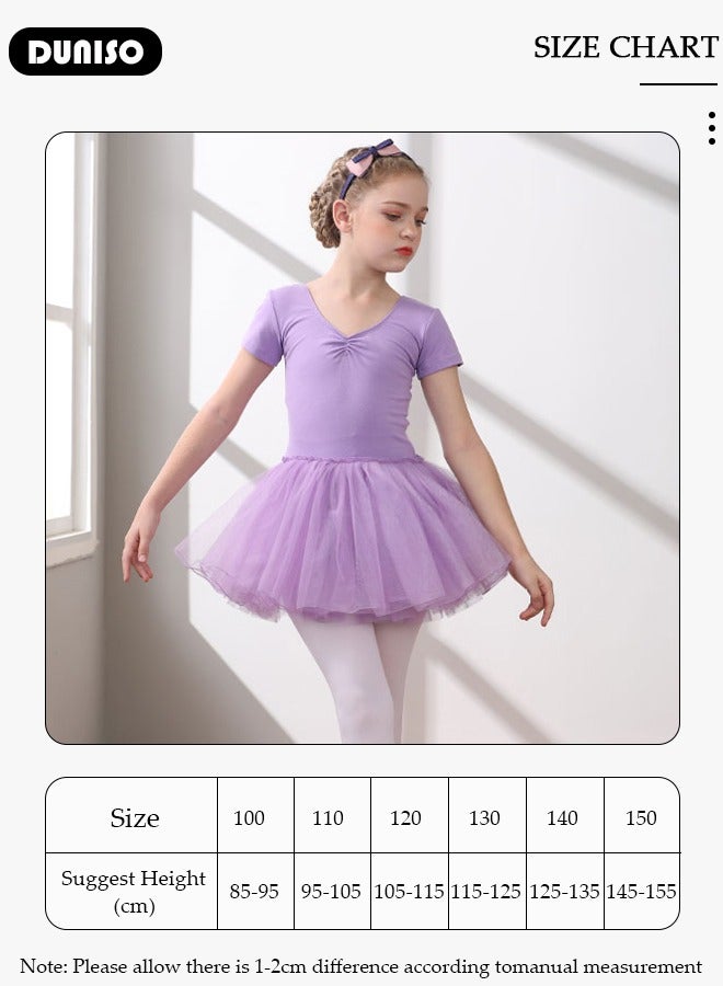 DUNISO Girls Ballet Dresses Leotards with Skirt Short Sleeves, Dance Dress Ballerina Tutu Outfit Cotton Dress Ballet Skirt, Mini Skirt Princess Dresses Dance Wear Clothes for Little Girl  - Image 4