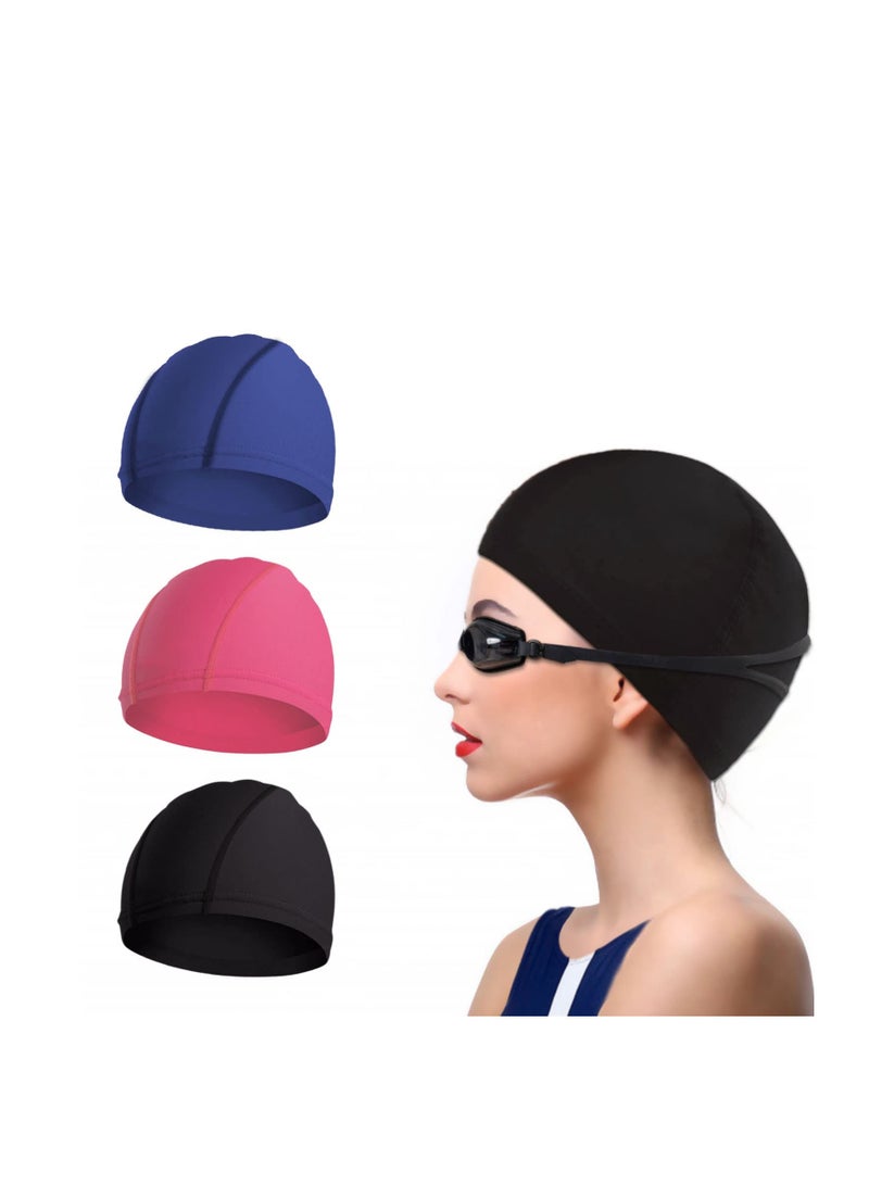 Barakah 3 Pieces Swimming Caps Comfortable Fabric Swimming Hat Premium Quality Stretchable Unisex Polyester Cloth Swimming Cap Lightweight Bathing Caps for Water Sports 3 Colors - Image 1