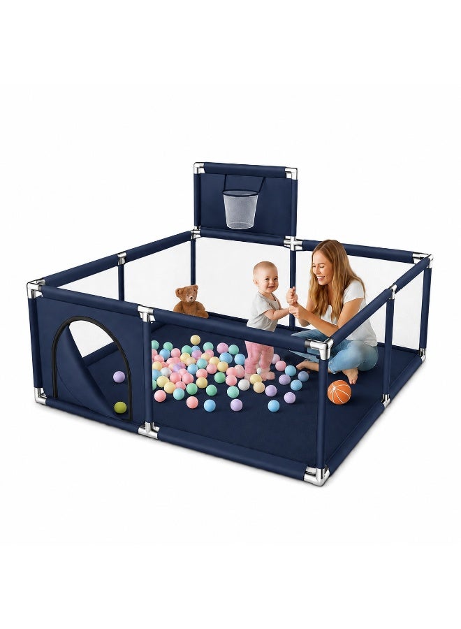 Portable Baby Playpen, Foldable Safety Fence for Kids & Toddlers, Indoor & Outdoor Use, Activity Center with 30 Balls, Easy Fold Play Yard, Baby Safety Playpen with Basketball Hoop