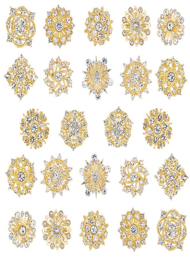 MEEDOZ Lot 24Pcs Assorted Crystal Rhinestone Flower Brooch Pins Set for Crafts Embellishment, Wedding Bouquet Brooches for Women Fashion (Gold) - Image 1