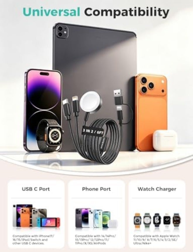 مستلزمات السفر، كابل USB‑C 3 في 2 لشحن ساعة آبل وآيفون - Image 4
