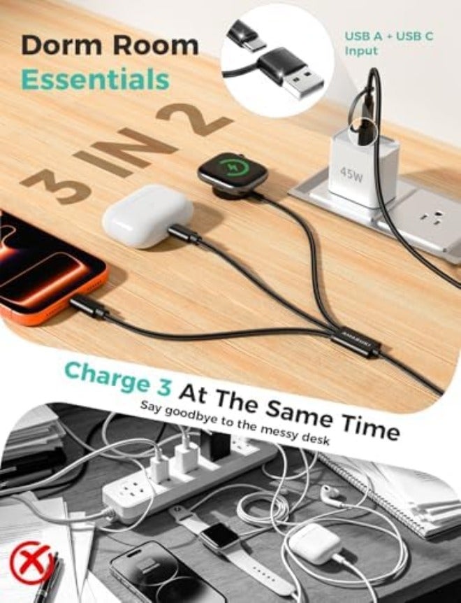 مستلزمات السفر، كابل USB‑C 3 في 2 لشحن ساعة آبل وآيفون - Image 3