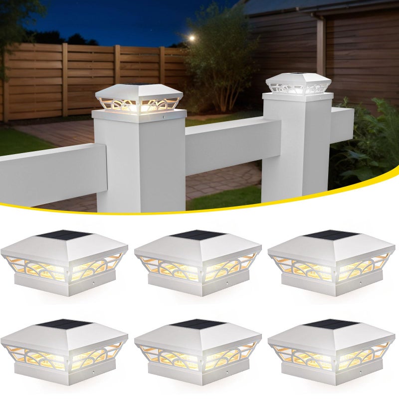 T-SUN Solar Post Cap Lights 6 Pack â€“ Outdoor Waterproof Fence Lights for 3.5x3.5 4x4 5x5 5.5x5.5 Wood/Vinyl Posts, with 2 Brightness Modes Solar Deck Light for Patio, Garden, Porch(White) - Image 1