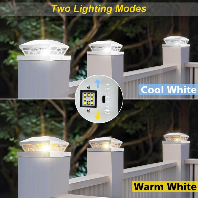 T-SUN Solar Post Cap Lights 6 Pack â€“ Outdoor Waterproof Fence Lights for 3.5x3.5 4x4 5x5 5.5x5.5 Wood/Vinyl Posts, with 2 Brightness Modes Solar Deck Light for Patio, Garden, Porch(White) - Image 2