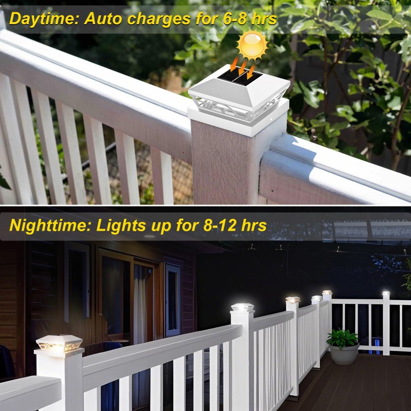 T-SUN Solar Post Cap Lights 6 Pack â€“ Outdoor Waterproof Fence Lights for 3.5x3.5 4x4 5x5 5.5x5.5 Wood/Vinyl Posts, with 2 Brightness Modes Solar Deck Light for Patio, Garden, Porch(White) - Image 3