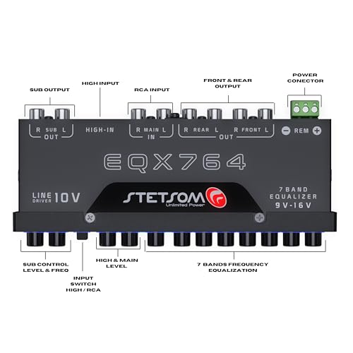 Stetsom EQX764-7 Band Equalizer, Pre-Amp Car Audio Graphic Equalizer with 4 Inputs (RCA & High) 6 Outputs, 10v Line Driver to Avoid Noise and Dedicated Sub Controls (Level & Frequency) - Image 2
