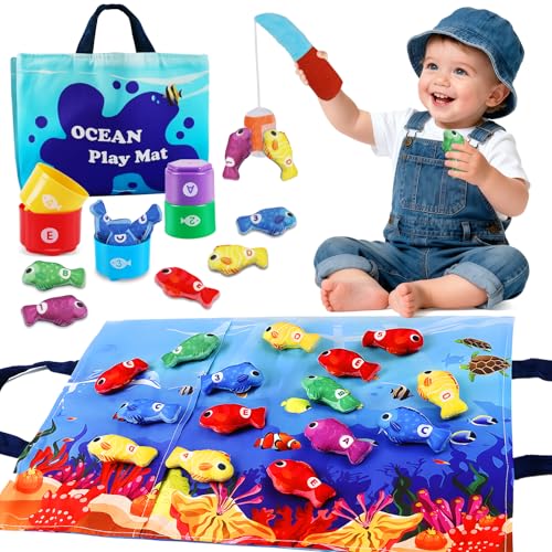 M SANMERSEN Montessori Toys for 12 Year Old Cloth Ocean Fishing Game with Stacking Cups Toddler Learning Toy for 1218 Months First Birthday Gifts for 1 Year Old Boy Girl Learn Count and Sort Colors - Image 1