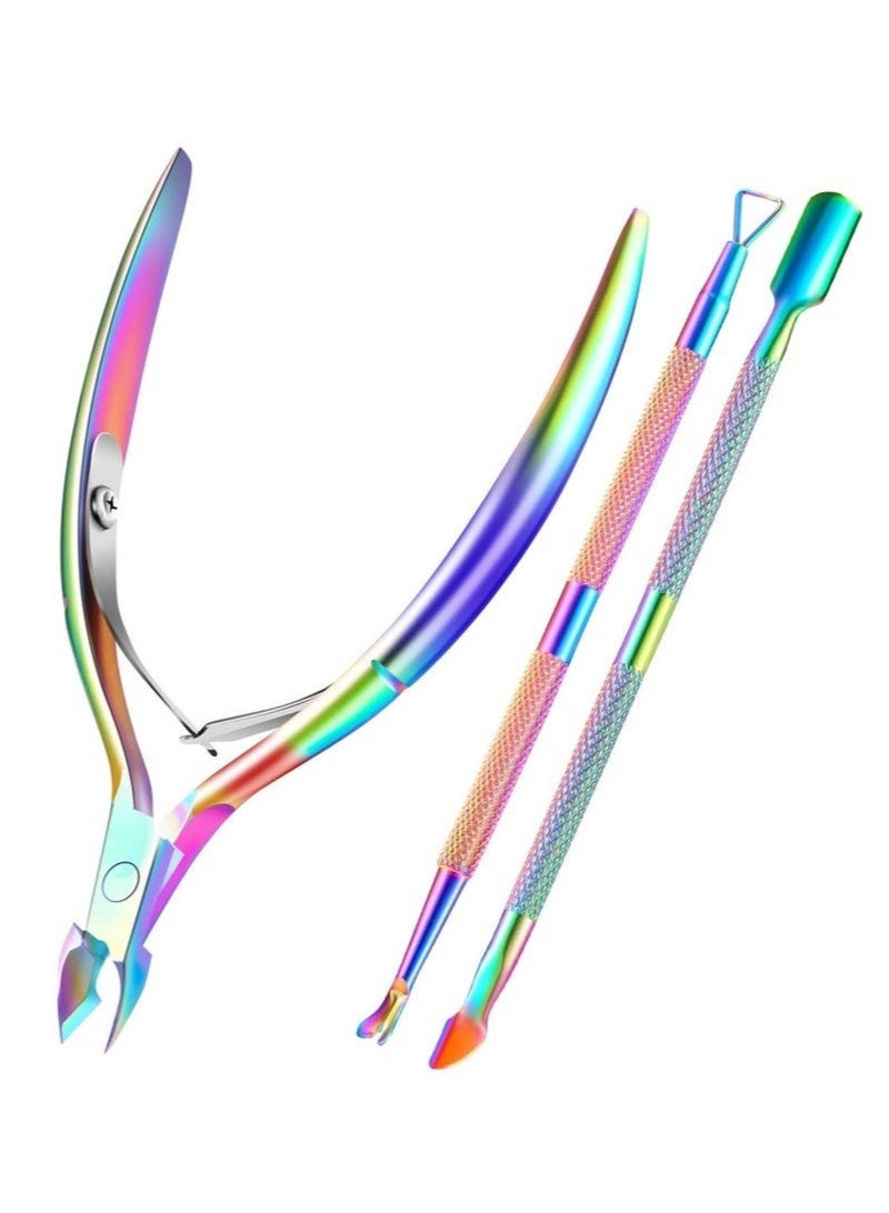 أداة تشذيب الجلد الميت حول الأظافر، مزيل الجلد الميت مع أداة دفع الجلد الميت، أدوات احترافية متينة من الفولاذ المقاوم للصدأ للعناية بالأظافر، مقص لقص الجلد الميت حول أظافر اليدين والقدمين (متعدد الألوان) - Image 1