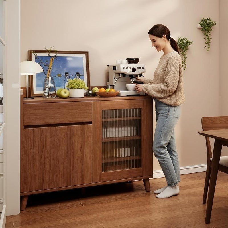 شاربدو خزانة بوفيه خشبية جانبية من منتصف القرن مع باب زجاجي مصبوب، 80CM خزانة تخزين مع أدراج ورفوف، مطبخ حديث وحدة تخزين غرفة الطعام، 800-32mm 100CM - Image 2