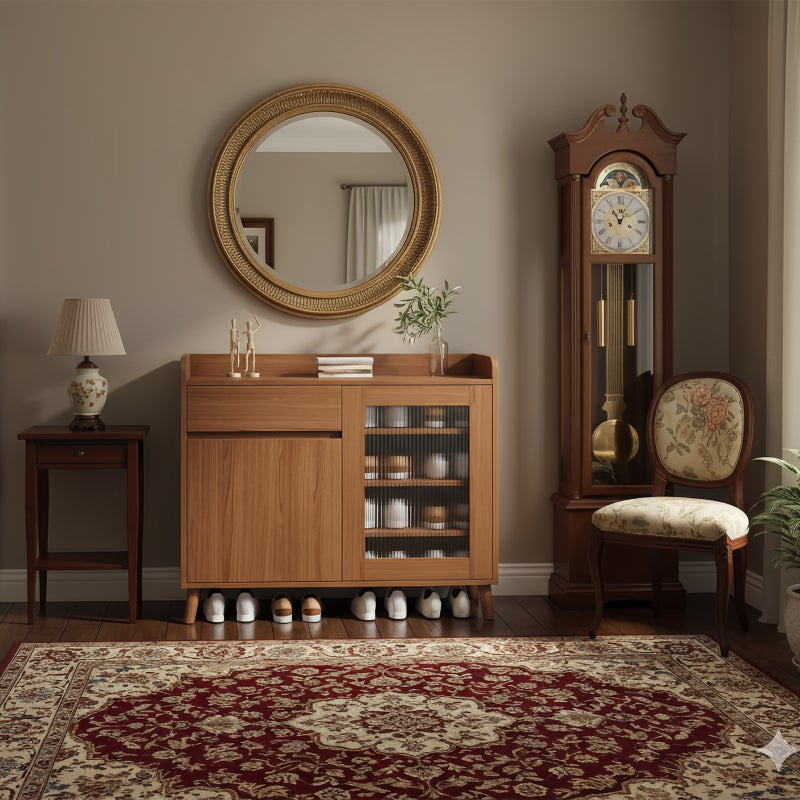 شاربدو خزانة بوفيه خشبية جانبية من منتصف القرن مع باب زجاجي مصبوب، 80CM خزانة تخزين مع أدراج ورفوف، مطبخ حديث وحدة تخزين غرفة الطعام، 800-32mm 100CM - Image 3