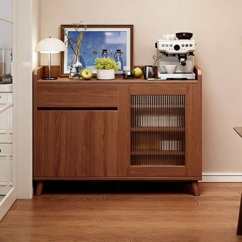 شاربدو خزانة بوفيه خشبية جانبية من منتصف القرن مع باب زجاجي مصبوب، 80CM خزانة تخزين مع أدراج ورفوف، مطبخ حديث وحدة تخزين غرفة الطعام، 800-32mm 100CM - Image 1