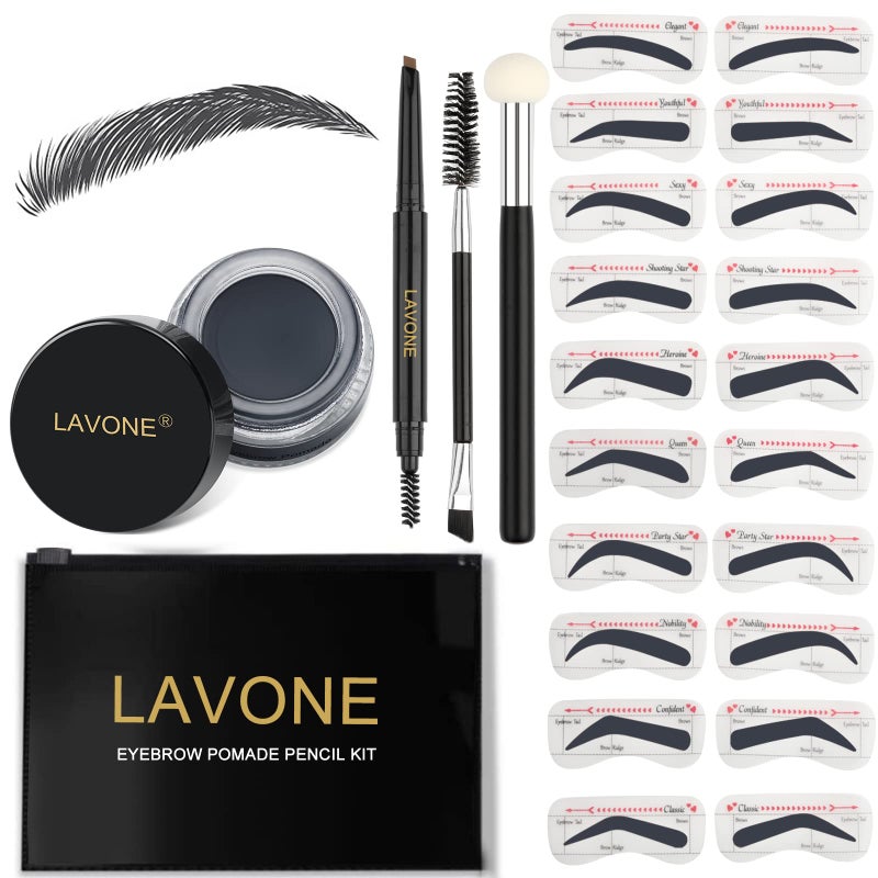 LAVONE مجموعة قوالب ختم الحواجب LAVONE - ثلاثي ختم الحواجب مع قلم مقاوم للماء، ومراهم، و20 قالب، وفرشاة مزدوجة الطرف ومطبق إسفنجي - أسود داكن - Image 1