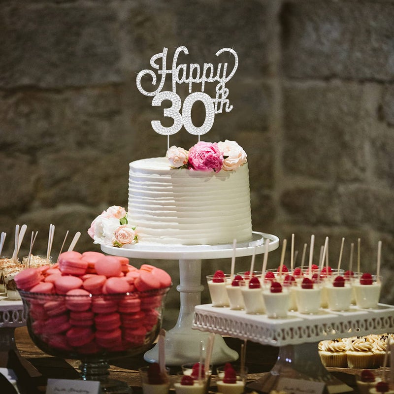 Lingteer Happy 30th عيد ميلاد Silver Rhinestone Cake Topper - هتافات لعيد ميلاد 30 عامًا في الذكرى السنوية الثلاثين. - Image 5
