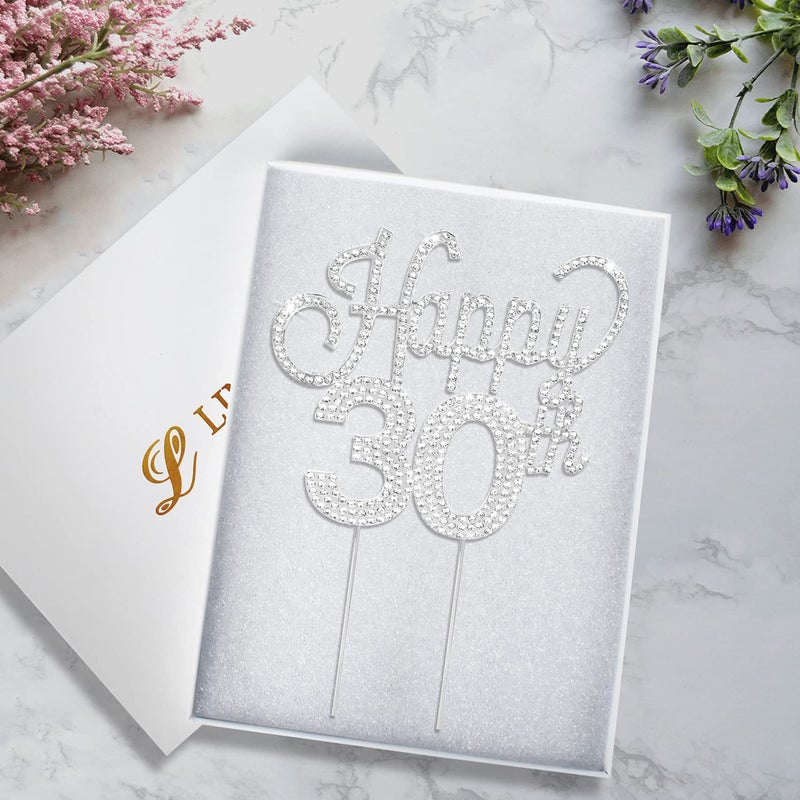Lingteer Happy 30th عيد ميلاد Silver Rhinestone Cake Topper - هتافات لعيد ميلاد 30 عامًا في الذكرى السنوية الثلاثين. - Image 2