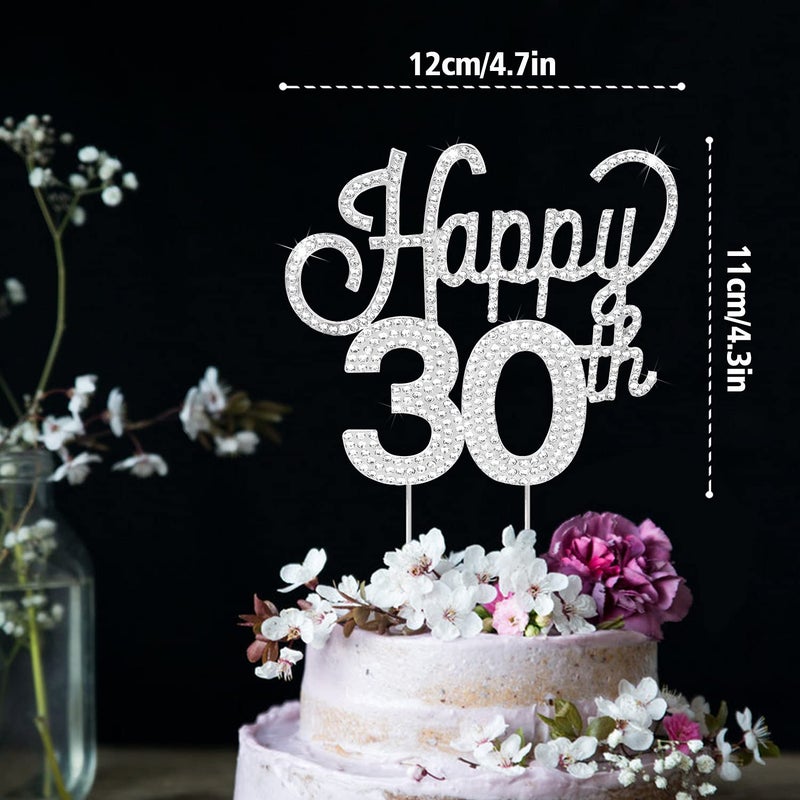 Lingteer Happy 30th عيد ميلاد Silver Rhinestone Cake Topper - هتافات لعيد ميلاد 30 عامًا في الذكرى السنوية الثلاثين. - Image 3