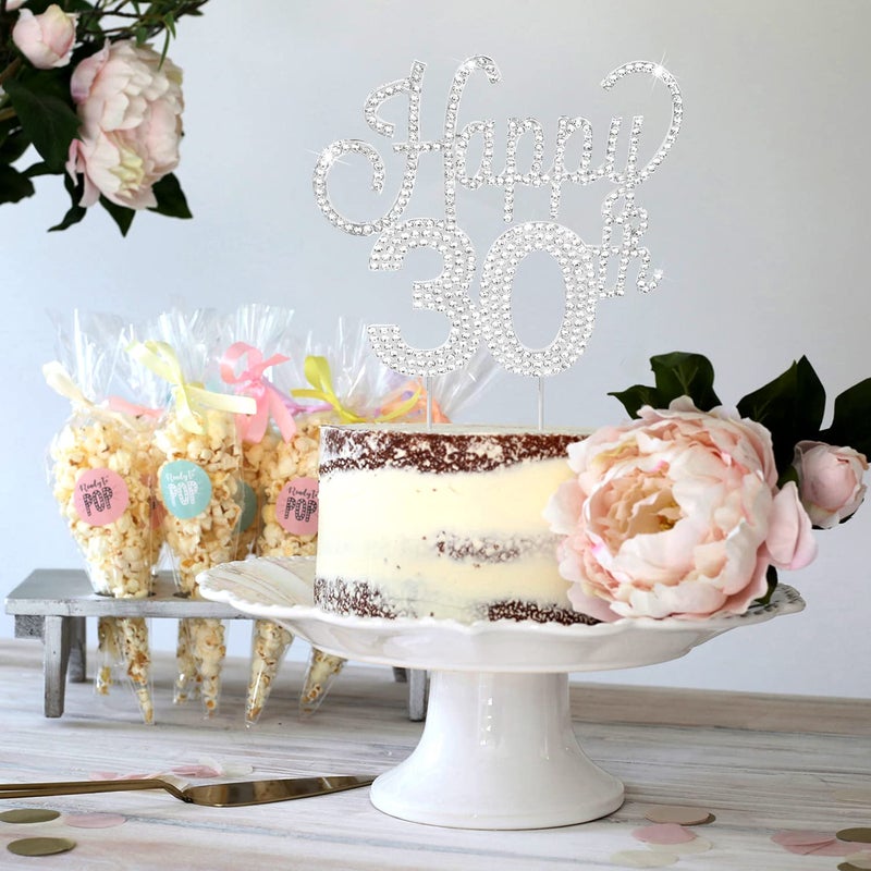 Lingteer Happy 30th عيد ميلاد Silver Rhinestone Cake Topper - هتافات لعيد ميلاد 30 عامًا في الذكرى السنوية الثلاثين. - Image 4