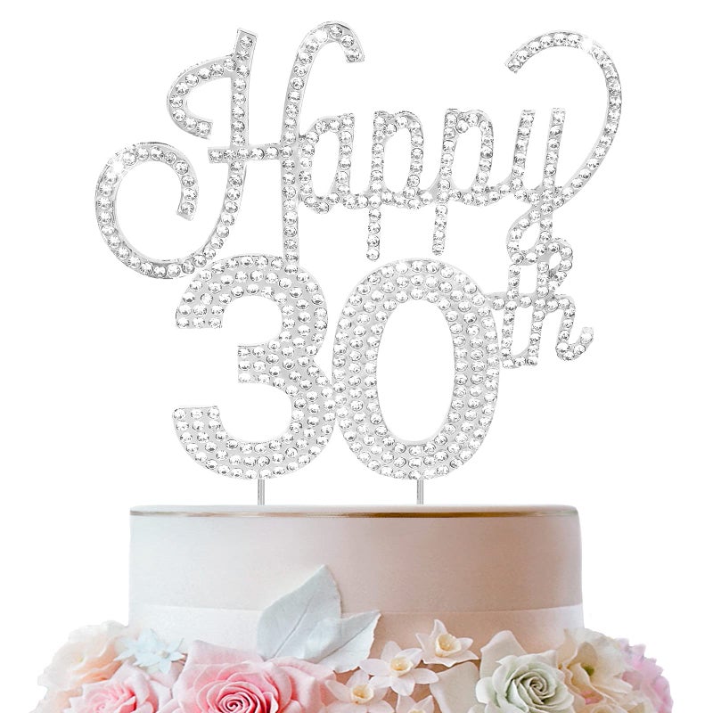 Lingteer Happy 30th عيد ميلاد Silver Rhinestone Cake Topper - هتافات لعيد ميلاد 30 عامًا في الذكرى السنوية الثلاثين. - Image 1