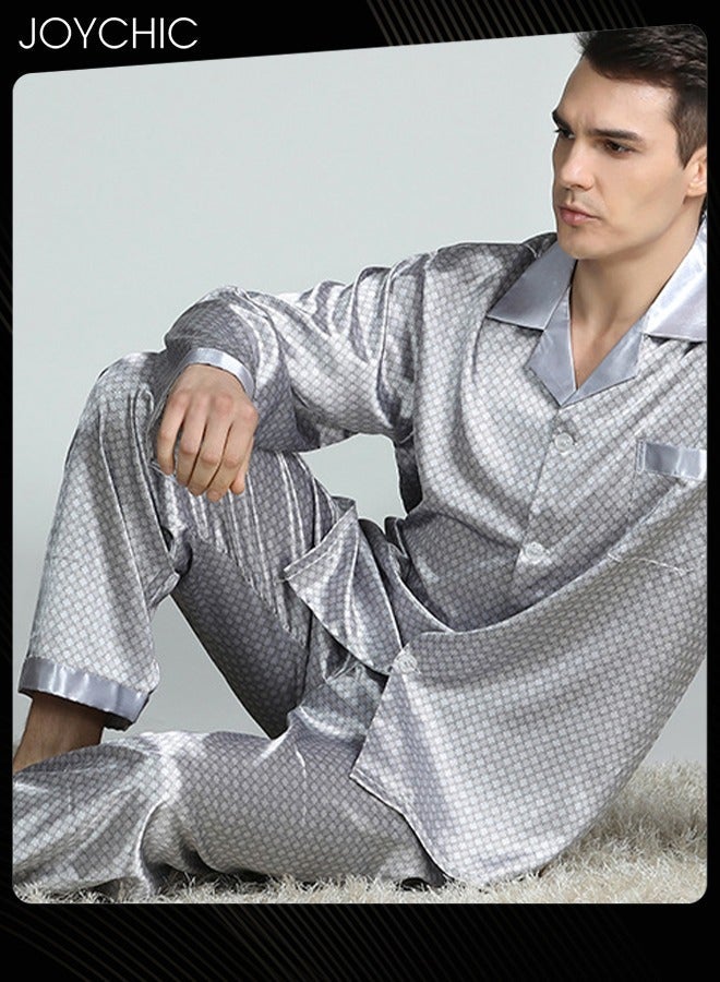 NIBEMINENT Modern Style Men's Printed Silk Pajamas Spring and Autumn Lightweight Breathable Long-sleeved Nightgown Home Male Satin Soft Cozy Sleepwear Grey - Image 3