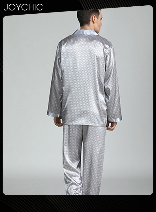NIBEMINENT Modern Style Men's Printed Silk Pajamas Spring and Autumn Lightweight Breathable Long-sleeved Nightgown Home Male Satin Soft Cozy Sleepwear Grey - Image 2
