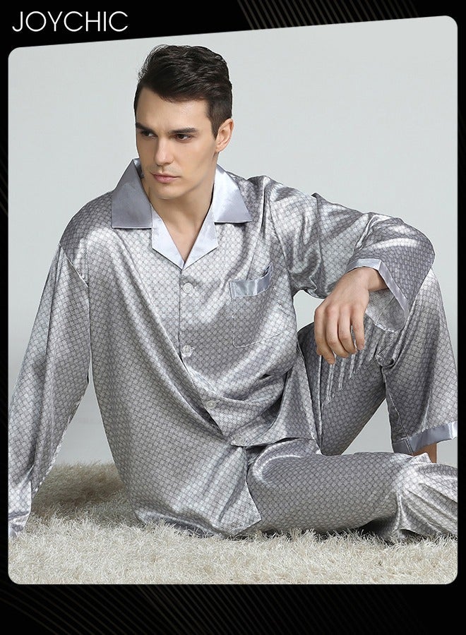 NIBEMINENT Modern Style Men's Printed Silk Pajamas Spring and Autumn Lightweight Breathable Long-sleeved Nightgown Home Male Satin Soft Cozy Sleepwear Grey - Image 4