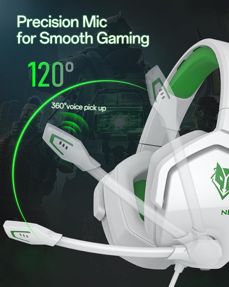 نوبو سماعة ألعاب N16 لأجهزة Xbox، PS5، PS4، PC، NS، Mac - سماعة رأس فوق الأذن مع ميكروفون، صوت ستيريو، سماعة سلكية بموصل صوت 3.5 مم (أبيض/أخضر) - Image 4