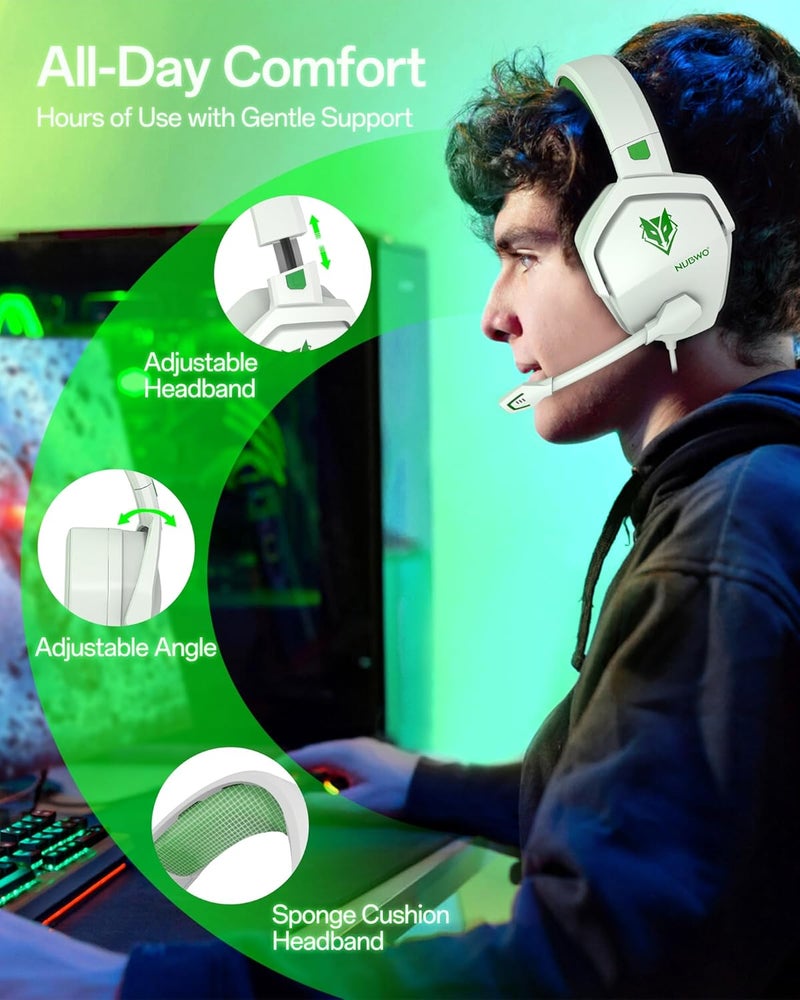 نوبو سماعة ألعاب N16 لأجهزة Xbox، PS5، PS4، PC، NS، Mac - سماعة رأس فوق الأذن مع ميكروفون، صوت ستيريو، سماعة سلكية بموصل صوت 3.5 مم (أبيض/أخضر) - Image 5