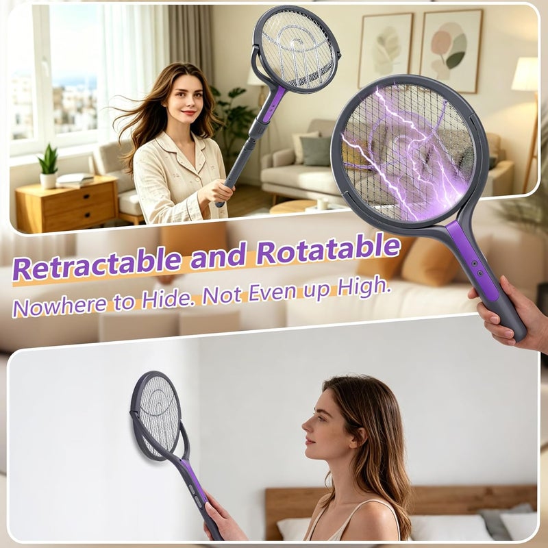 Besswin Electric Fly Swatter, Rotating Head Bug Zapper, Dual Modes Mosquito Killer with Purple Mosquito Light Rechargeable for Indoor Home Patio Camp Office, Telescopic Extension - Image 3