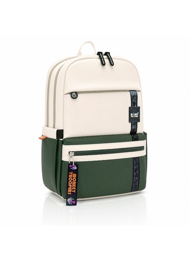 Monkey Troopers Trippy Laptop Backpack for Men & Women, Premium PU Travel Backpack with Laptop Compartment, Dual Compartments, Organizer Pocket, Key Hook & Luggage Strap, School College Work Backpack, Beige-Olive - Image 1