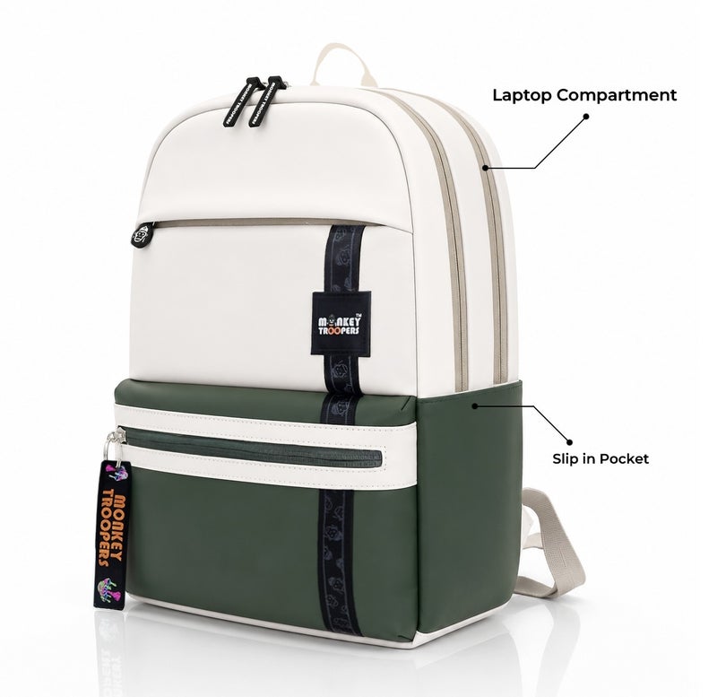 Monkey Troopers Trippy Laptop Backpack for Men & Women, Premium PU Travel Backpack with Laptop Compartment, Dual Compartments, Organizer Pocket, Key Hook & Luggage Strap, School College Work Backpack, Beige-Olive - Image 3