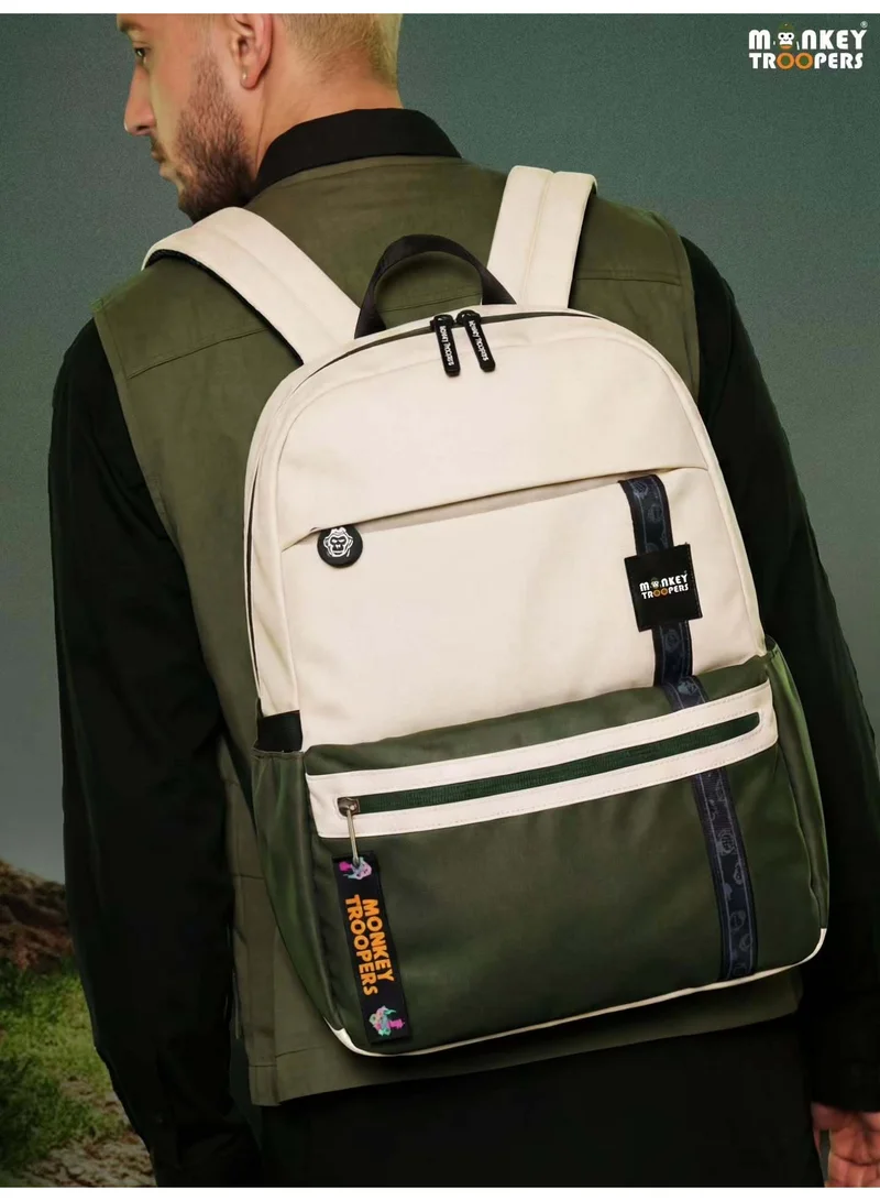 Monkey Troopers Casual Laptop Backpack 15inch Compatibility PU Leather With Padded Compartment Multiple Pocket Breathable Mesh Luggage Straps Beige/Olive