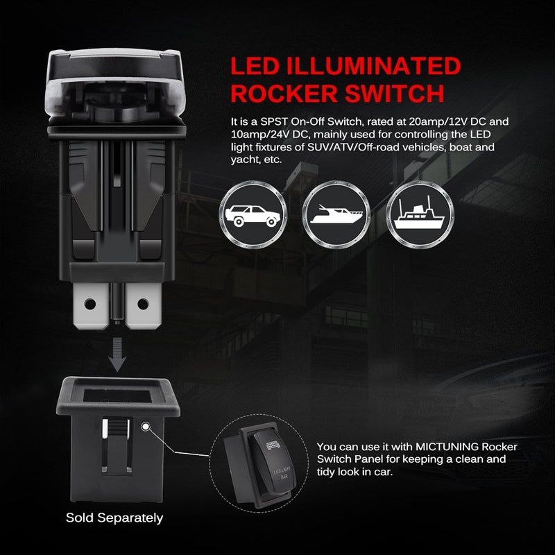 MICTUNING MIC-LSW1 5Pin Laser Lighted Whip Rocker Switch On-Off LED Light 20A 12V, Blue - Image 5