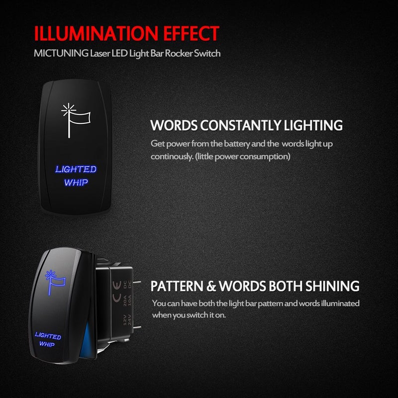 MICTUNING MIC-LSW1 5Pin Laser Lighted Whip Rocker Switch On-Off LED Light 20A 12V, Blue - Image 3