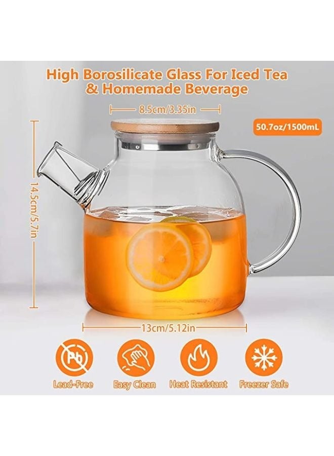 Glass Tea Pot Kettles Stovetop Safe, 50.7oz/1500mL Heatproof Borosilicate Glass Teapot Water Pitcher With Wooden Lid and Removable Filter Spout for Loose Leaf and Blooming Tea  - Image 3