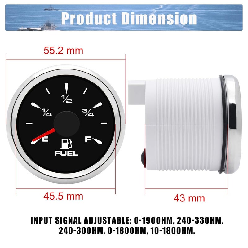 Geloo Marine Fuel Gauge 52mm Digital Boat Gauge Replacement 240-33ohm 0-190ohm Signal Adjustable with 8 Colors Backlight for Motorcycle Boat Car-Sliver - Image 4