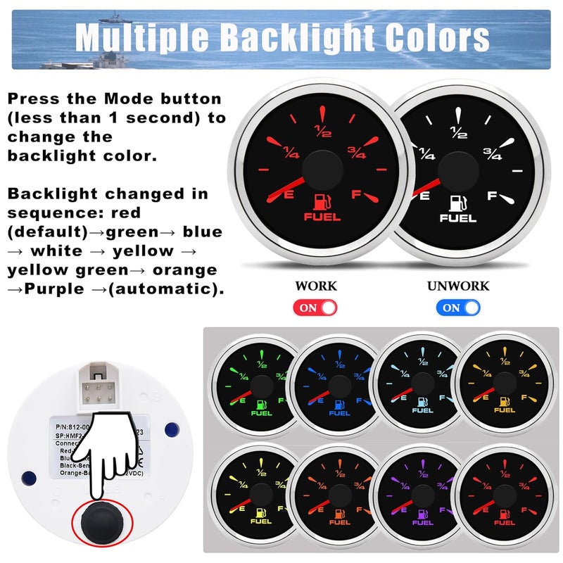 Geloo Marine Fuel Gauge 52mm Digital Boat Gauge Replacement 240-33ohm 0-190ohm Signal Adjustable with 8 Colors Backlight for Motorcycle Boat Car-Sliver - Image 3