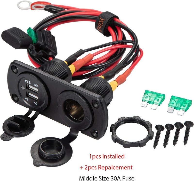 YCIND DIY Series Female Cigarette Lighter Socket Dual USB Charging Power Outlet with 30A Fuse - 12V Car Truck Boat Marine RV Mobile DIY Kit 12AWG Cord 6Ft - Image 3