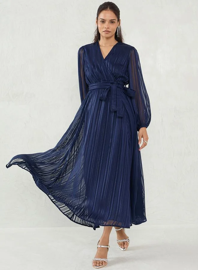 Femmella Femmella Navy Blue Lurex Wrap Look A-Line Maxi Dress with Tie Detail