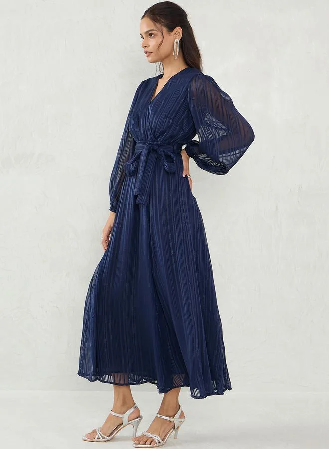 Femmella Femmella Navy Blue Lurex Wrap Look A-Line Maxi Dress with Tie Detail