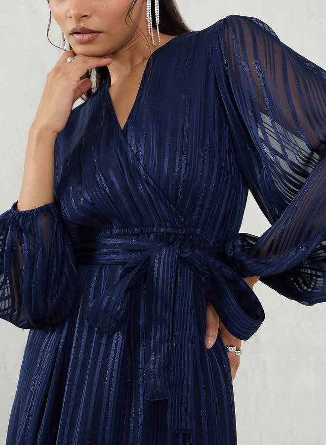 Femmella Femmella Navy Blue Lurex Wrap Look A-Line Maxi Dress with Tie Detail
