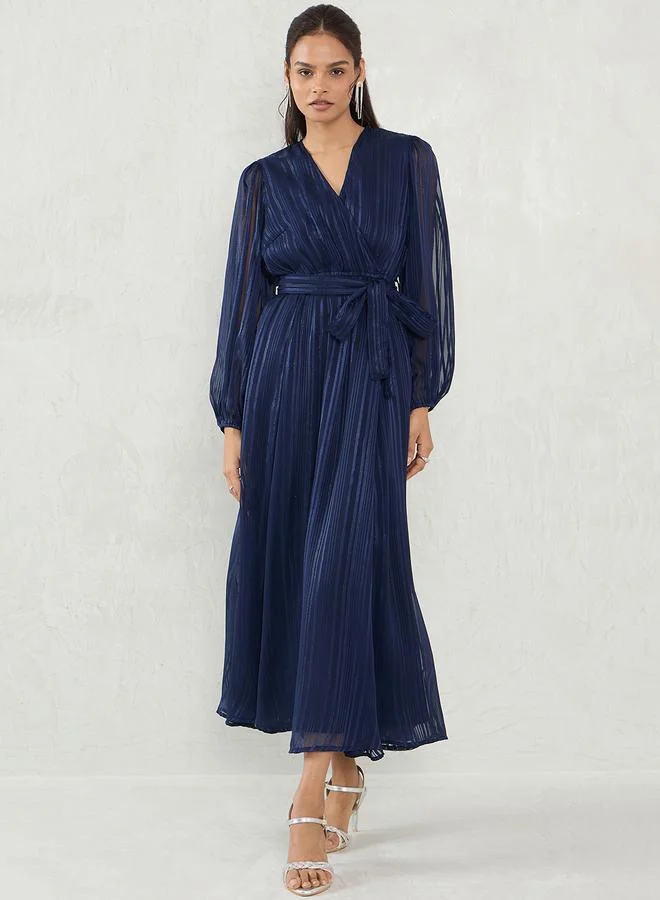 Femmella Femmella Navy Blue Lurex Wrap Look A-Line Maxi Dress with Tie Detail