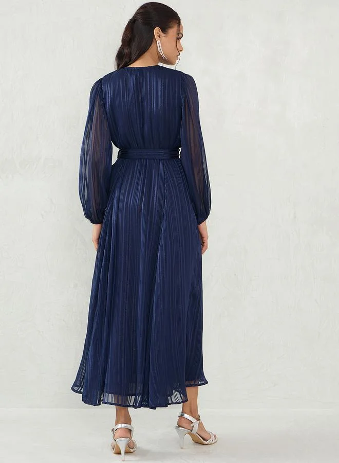 Femmella Femmella Navy Blue Lurex Wrap Look A-Line Maxi Dress with Tie Detail
