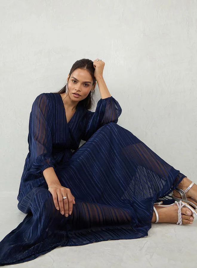 Femmella Femmella Navy Blue Lurex Wrap Look A-Line Maxi Dress with Tie Detail