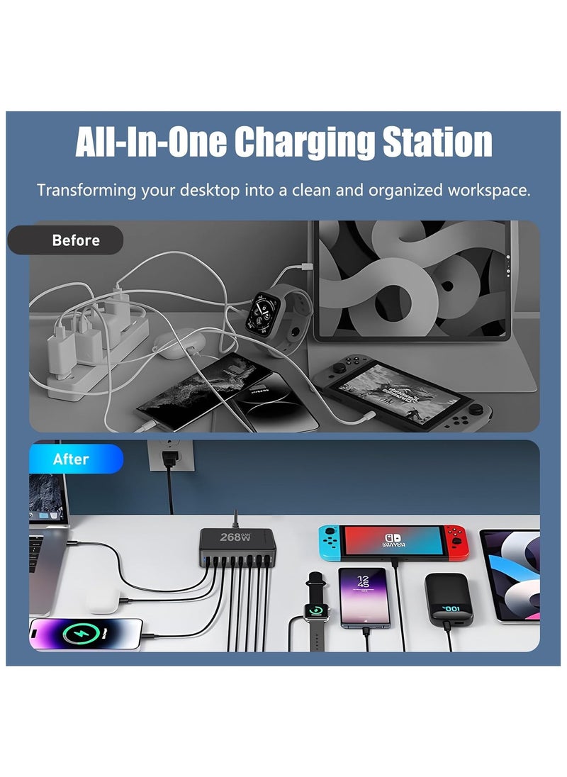 268W USB C Charger, GaN III 8 Port Fast Charging Station Type C Hub, PD 100W Laptop Charger Adapter for MacBook Air, Sumsung S24 S23 S22 Ultra, iPhone 15 14 13, and iPad Pro