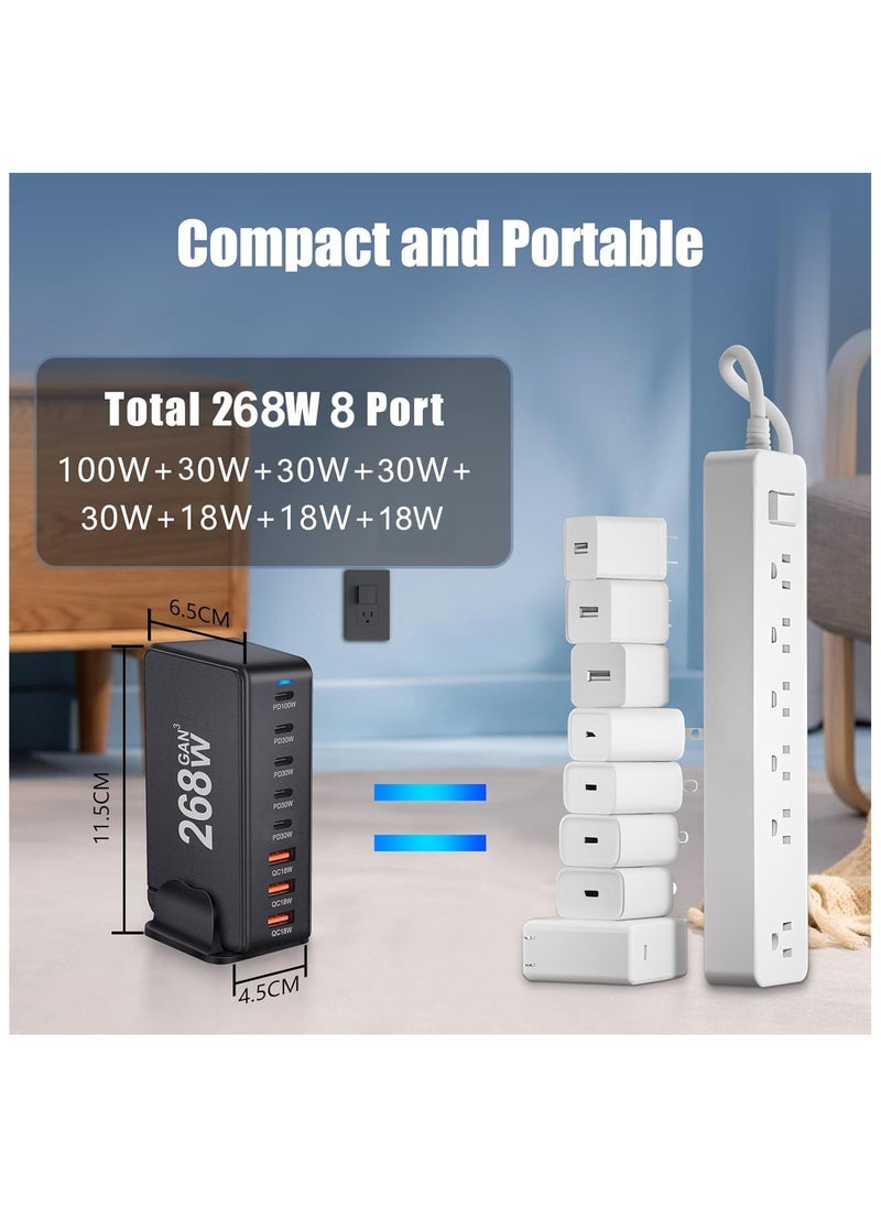268W USB C Charger, GaN III 8 Port Fast Charging Station Type C Hub, PD 100W Laptop Charger Adapter for MacBook Air, Sumsung S24 S23 S22 Ultra, iPhone 15 14 13, and iPad Pro